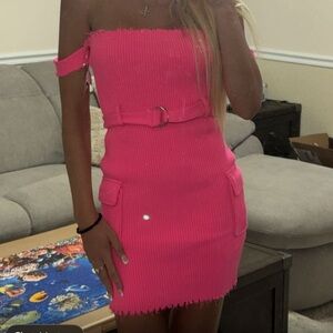 Fashion Nova Hot Pink Ribbed Frayed Trim Belted Mini Dress